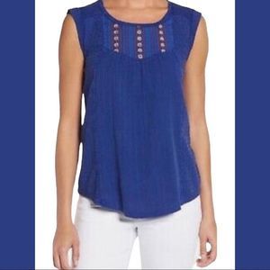 Lucky Brand Royal Blue Rust Bead Embellished Accents Sleeveless Boho Tank Top L